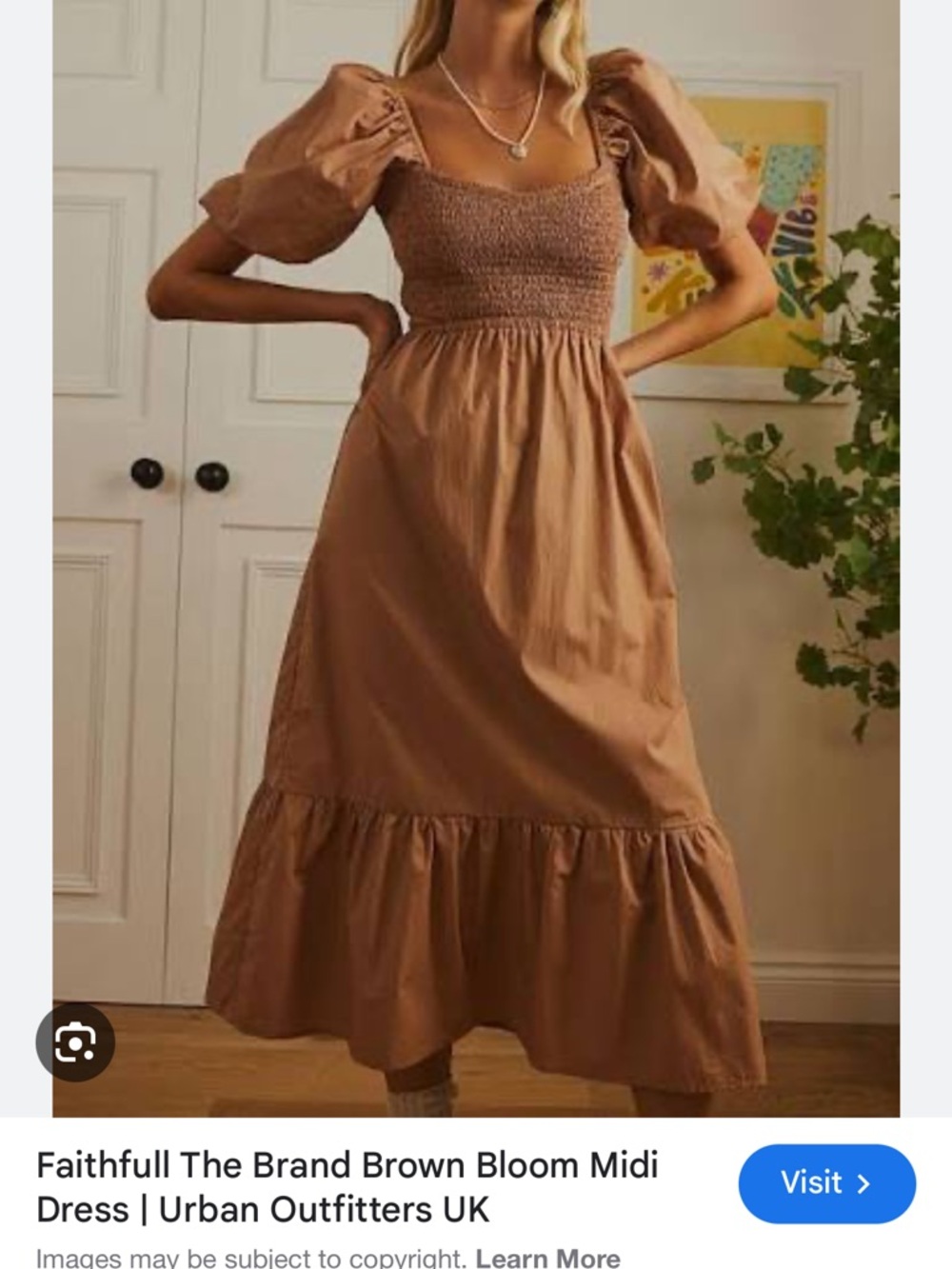 Faithful the Brand Smocked Puff Sleeve Maxi Dress in Brown